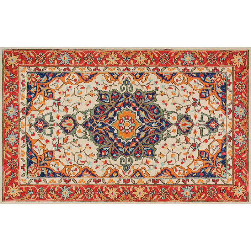 Red Tone Moroccan Area Rug Polyester Ethnic Print Indoor Rug Anti-Slip Backing Carpet for Home Decor