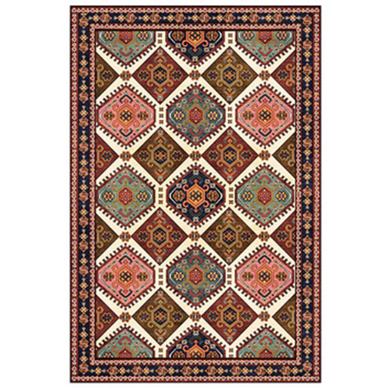 Red Tone Persian Carpet Polyester Moroccan Tile Indoor Rug Anti-Slip Backing Rug for Living Room