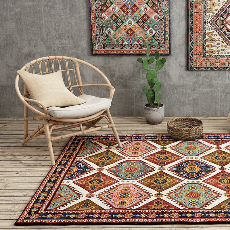 Red Tone Persian Carpet Polyester Moroccan Tile Indoor Rug Anti-Slip Backing Rug for Living Room