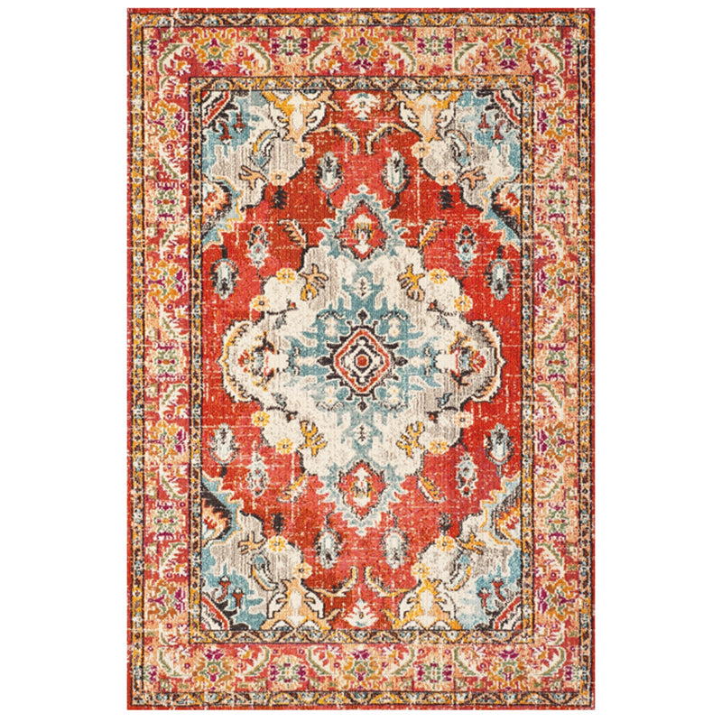 Red Tone Ethnic Print Rug Polyester Moroccan Carpet Non-Slip Backing Indoor Rug for Living Room