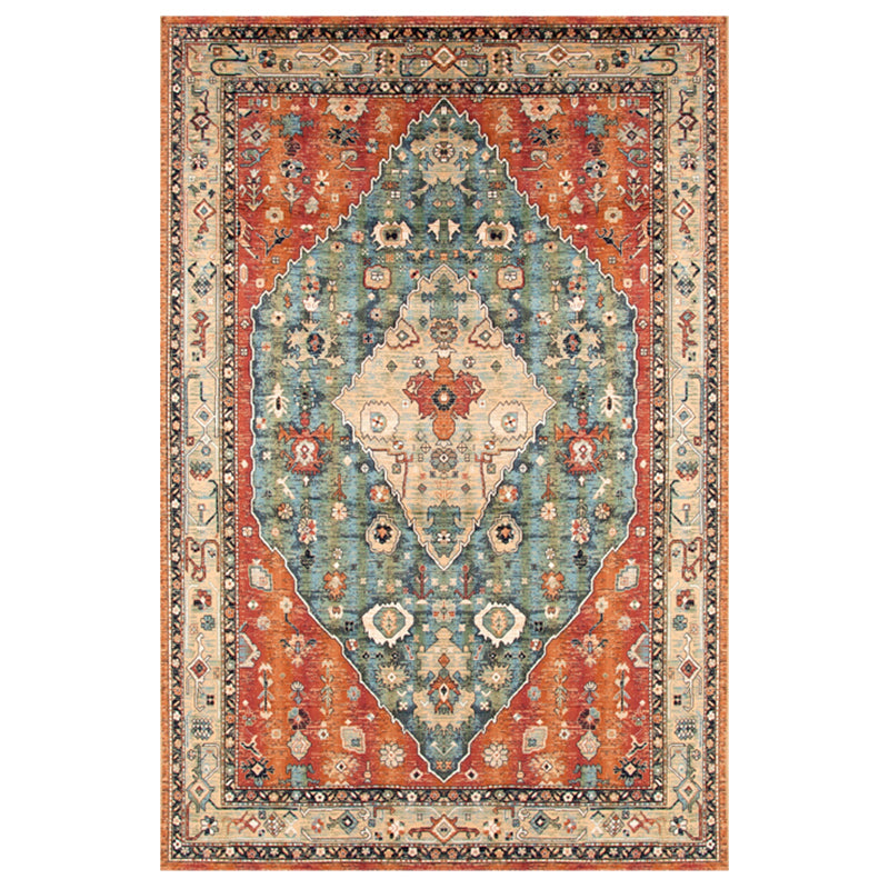 Red Tone Ethnic Print Rug Polyester Moroccan Carpet Non-Slip Backing Indoor Rug for Living Room