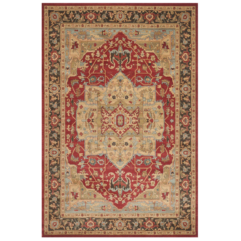 Red Tone Ethnic Print Rug Polyester Moroccan Carpet Non-Slip Backing Indoor Rug for Living Room