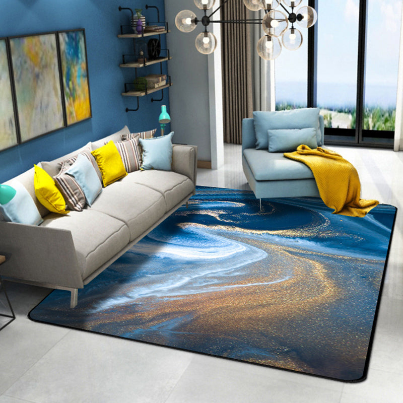 Blue Watercolor Printed Rug Creative Abstract Art Carpet Polyester Washable Rug for Living Room