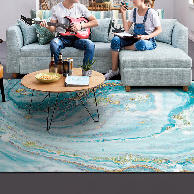 Blue Watercolor Printed Rug Creative Abstract Art Carpet Polyester Washable Rug for Living Room
