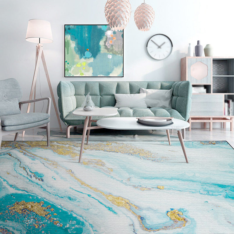 Blue Watercolor Printed Rug Creative Abstract Art Carpet Polyester Washable Rug for Living Room
