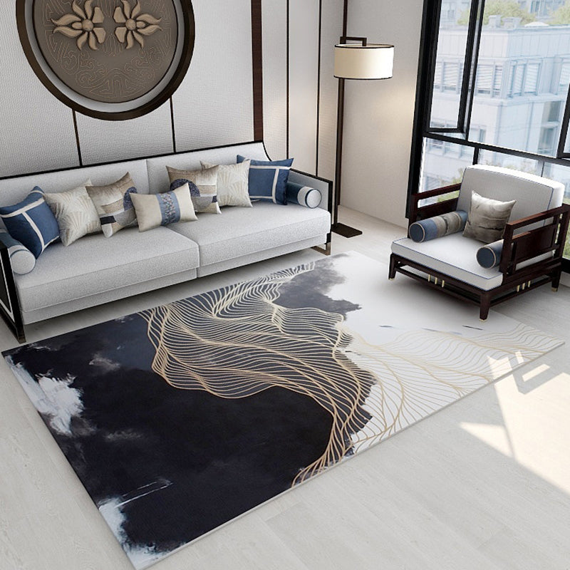 Funky Ink Painting Area Rug Luxury Gold Lines Rug Polyester Anti-Slip Backing Carpet for Home Decor