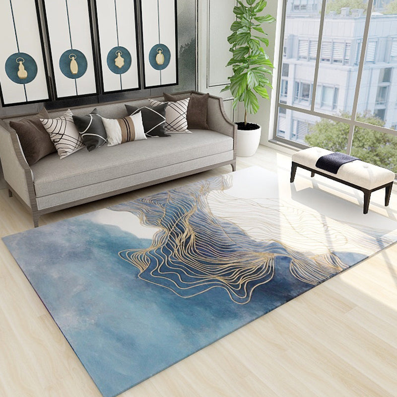 Funky Ink Painting Area Rug Luxury Gold Lines Rug Polyester Anti-Slip Backing Carpet for Home Decor