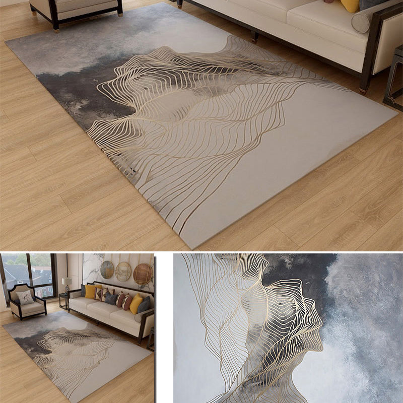 Funky Ink Painting Area Rug Luxury Gold Lines Rug Polyester Anti-Slip Backing Carpet for Home Decor