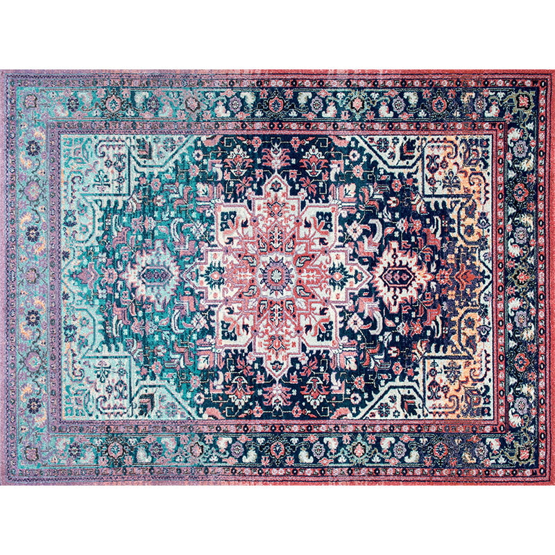 Red Tone Ethnic Print Rug Polyester Moroccan Carpet Non-Slip Backing Indoor Rug for Home Decoration