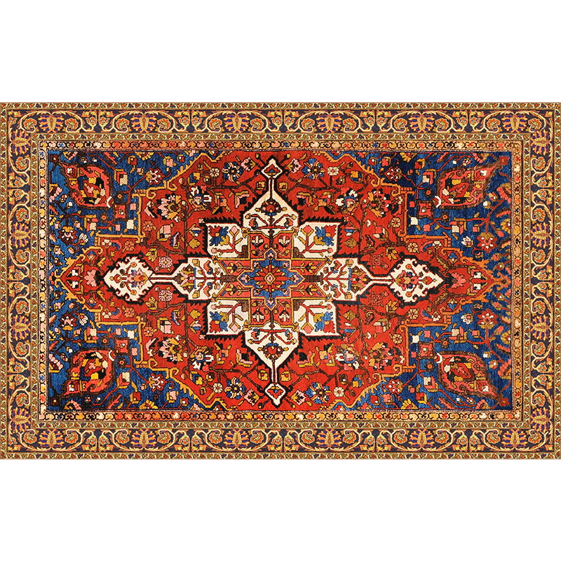 Red Tone Ethnic Print Rug Polyester Moroccan Carpet Non-Slip Backing Indoor Rug for Home Decoration