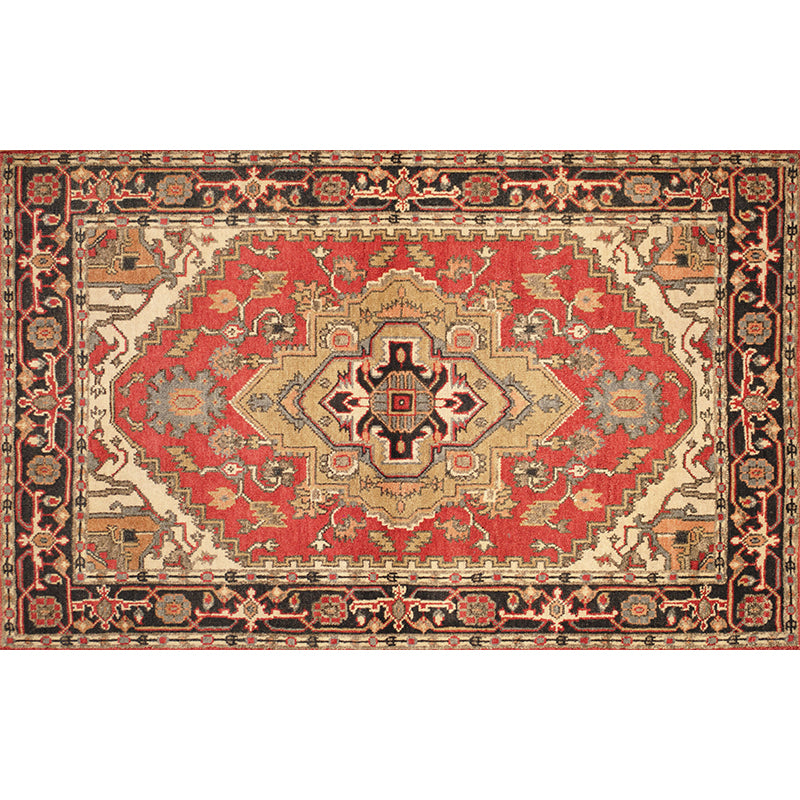 Red Tone Ethnic Print Rug Polyester Moroccan Carpet Non-Slip Backing Indoor Rug for Home Decoration