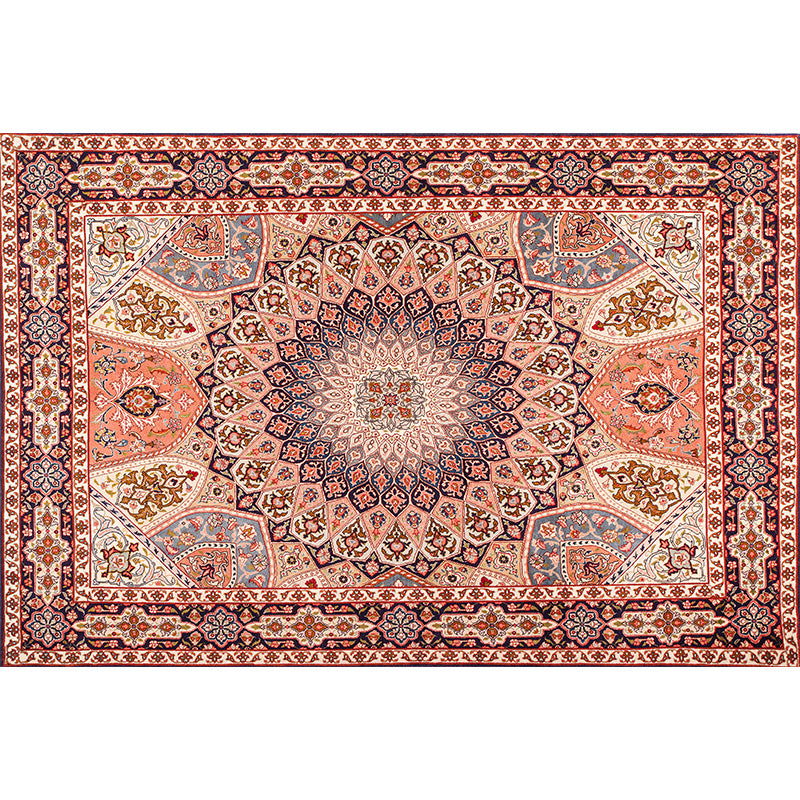 Red Tone Ethnic Print Rug Polyester Moroccan Carpet Non-Slip Backing Indoor Rug for Home Decoration