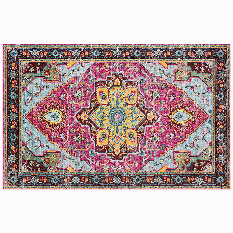Red Tone Retro Area Carpet Polyester Tribal Print Indoor Rug Non-Slip Backing Carpet for Living Room