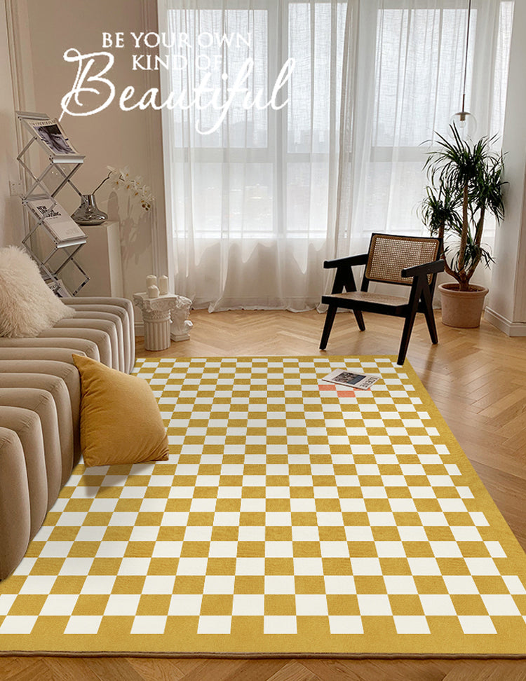 Multicolor Simple Rug Polyester Checkered Print Area Rug Anti-Slip Backing Carpet for Living Room