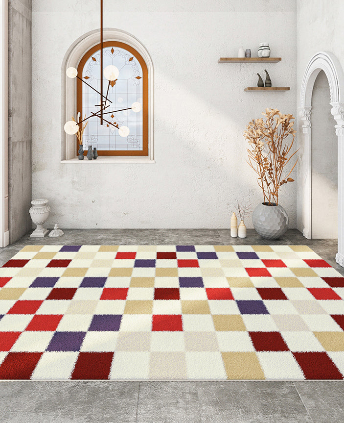 Multicolor Modern Area Carpet Polyester Checkered Indoor Rug Easy Care Carpet for Living Room