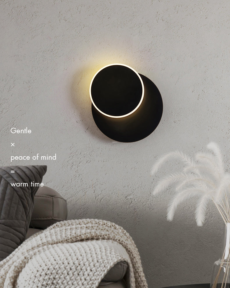Lámpara de pared LED circular acrílica en estilo creativo moderno de hierro forjado aplastador de pared rotatable para dormitorio