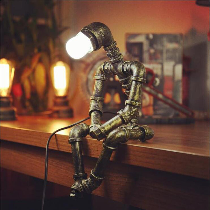 Steampunk Robot Pipe Night Light 1 Head Wrought Iron Table Light for Boys Bedroom