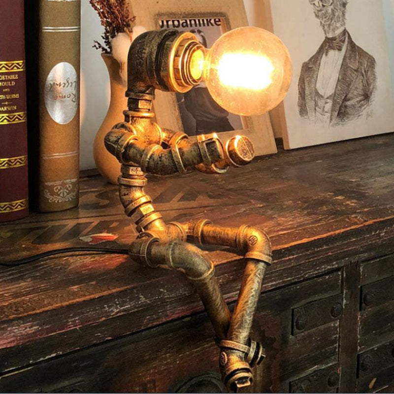 Steampunk Robot Pipe Night Light 1 Head Wrought Iron Table Light for Boys Bedroom