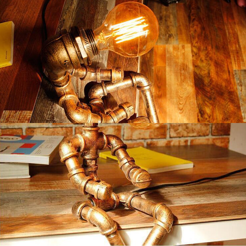 Steampunk Robot Pipe Night Light 1 Head Wrought Iron Table Light for Boys Bedroom