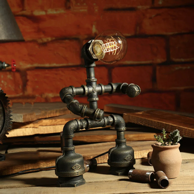 1-Light Wrought Iron Table Lamp Industrial Antiqued Brass Piping Bedroom Night Light