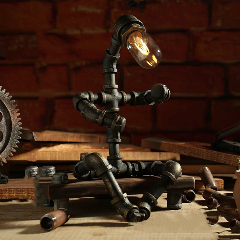 1-Light Wrought Iron Table Lamp Industrial Antiqued Brass Piping Bedroom Night Light