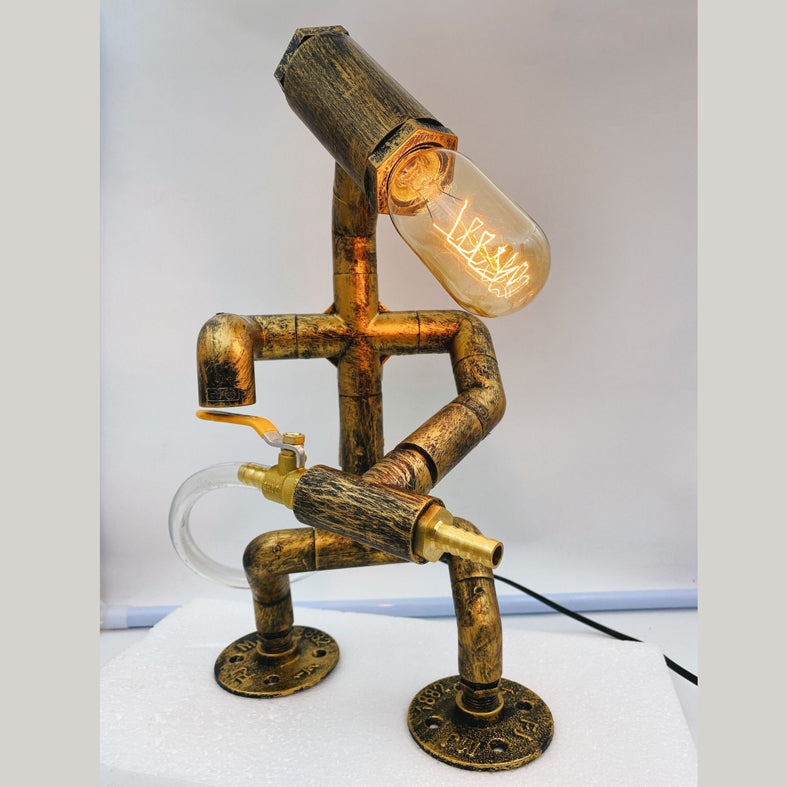 1-Light Wrought Iron Table Lamp Industrial Antiqued Brass Piping Bedroom Night Light