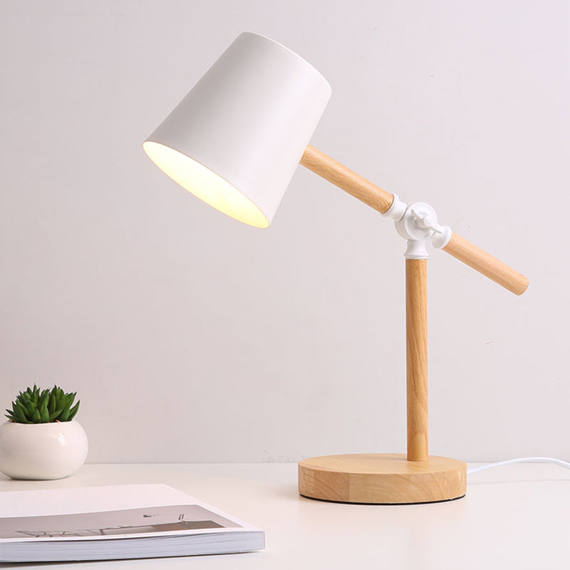 Lampada da tavolo con braccio oscillante in legno Macaron Lampada da lettura a 1 luce con paralume affusolato in metallo
