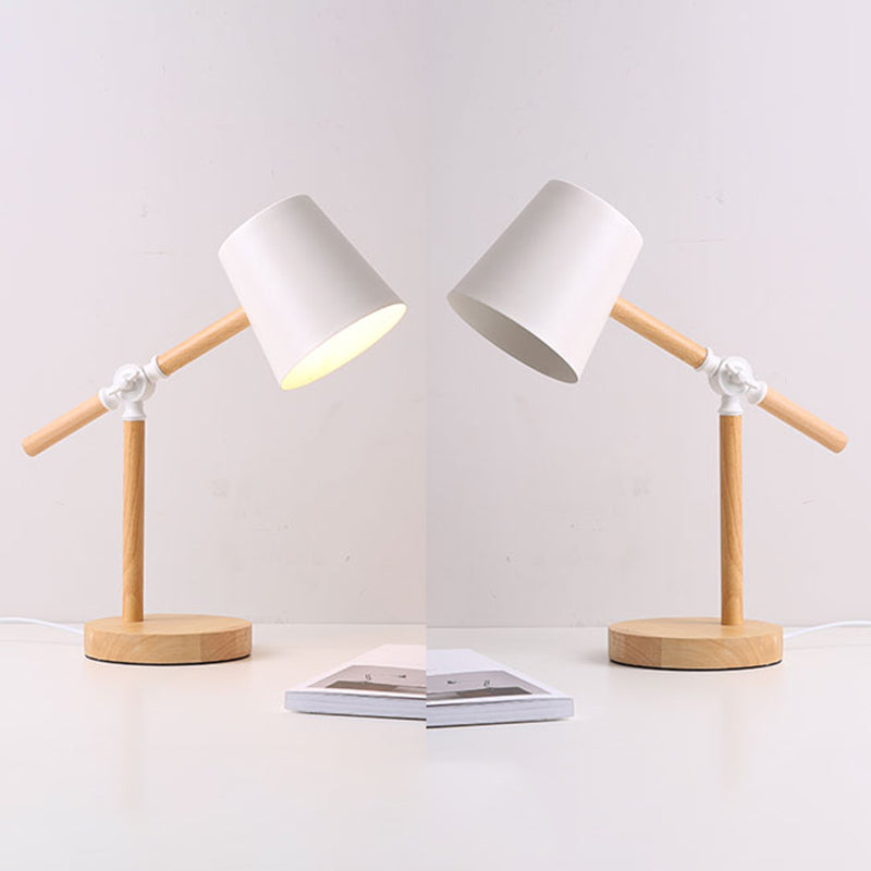 Lampada da tavolo con braccio oscillante in legno Macaron Lampada da lettura a 1 luce con paralume affusolato in metallo