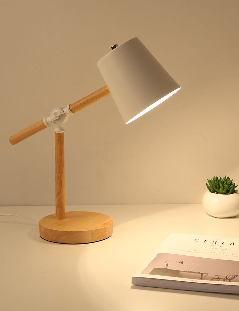Lampada da tavolo con braccio oscillante in legno Macaron Lampada da lettura a 1 luce con paralume affusolato in metallo