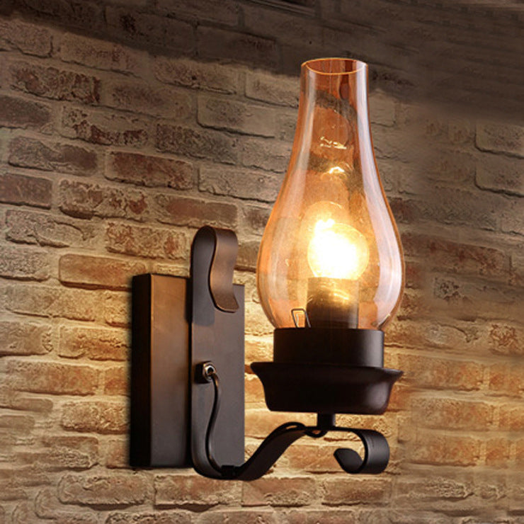 Rusty Wall Sconce in Industrial Vintage Style Wrought Iron Wall Lamp with Amber Glass Shade