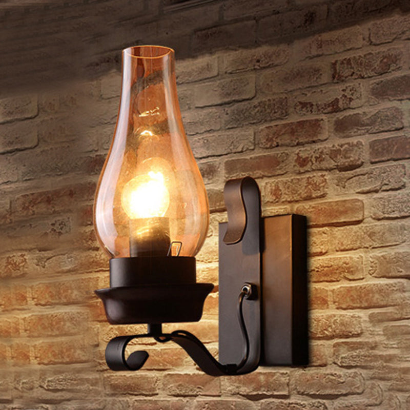 Rusty Wall Sconce in Industrial Vintage Style Wrought Iron Wall Lamp with Amber Glass Shade