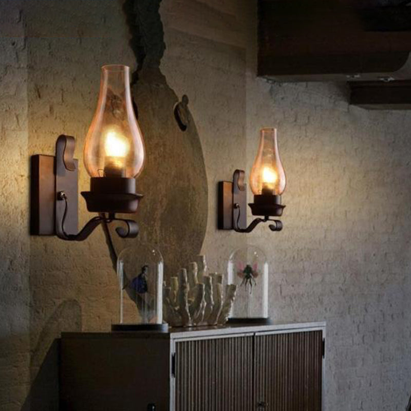 Rusty Wall Sconce in Industrial Vintage Style Wrought Iron Wall Lamp with Amber Glass Shade