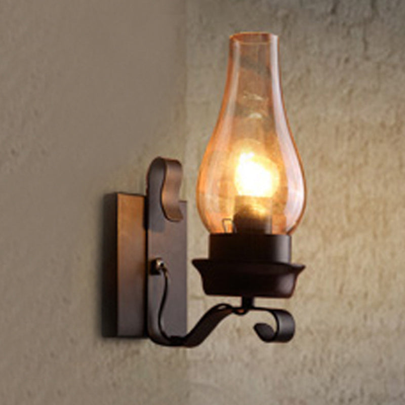 Rusty Wall Sconce in Industrial Vintage Style Wrought Iron Wall Lamp with Amber Glass Shade