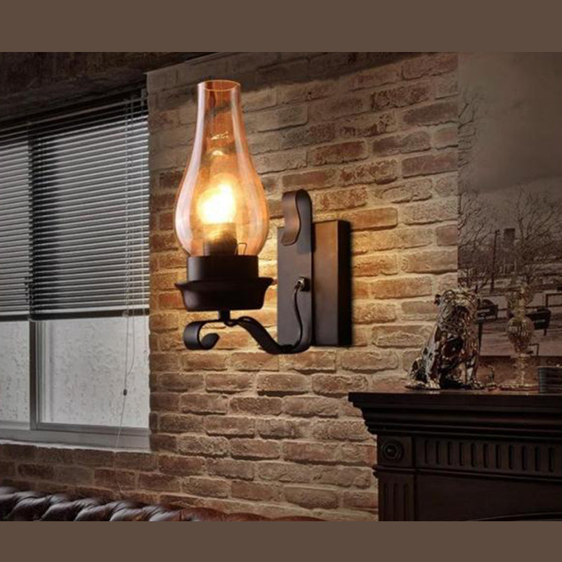 Rusty Wall Sconce in Industrial Vintage Style Wrought Iron Wall Lamp with Amber Glass Shade