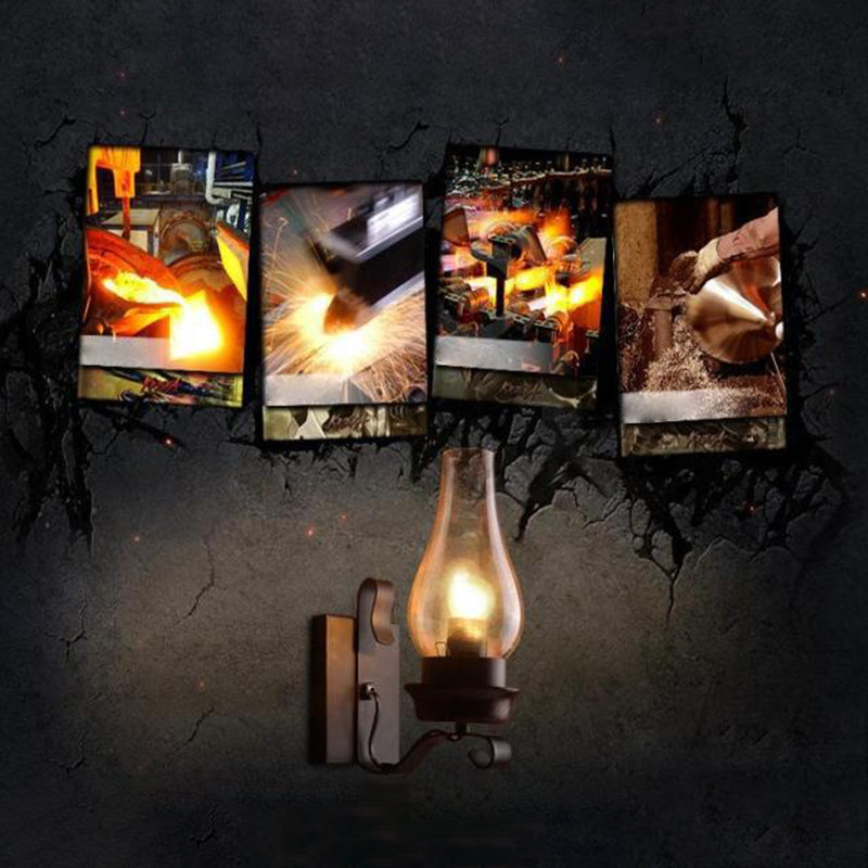 Rusty Wall Sconce in Industrial Vintage Style Wrought Iron Wall Lamp with Amber Glass Shade