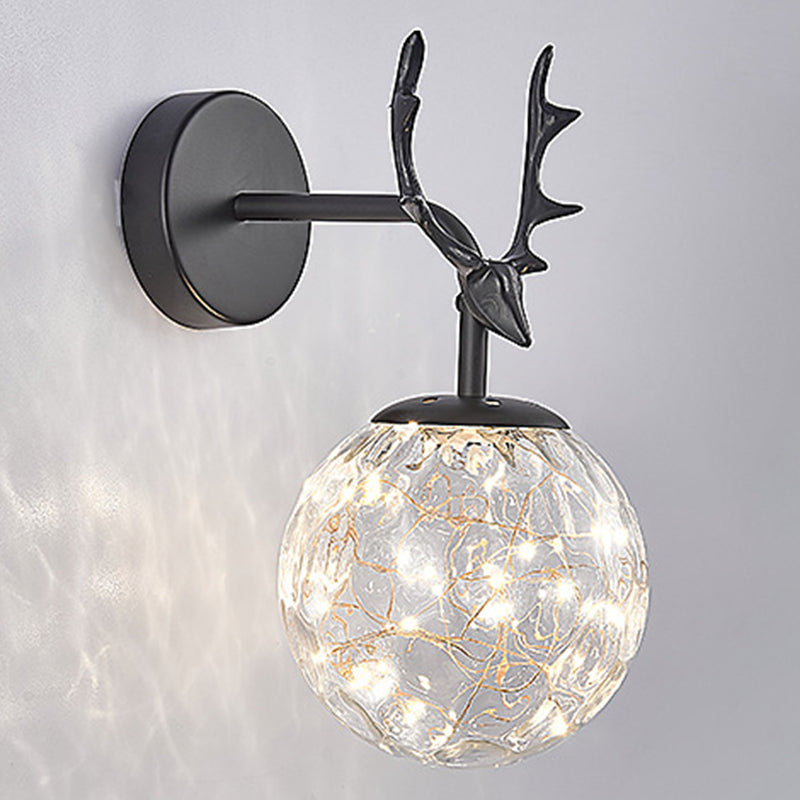 Glass Globe Wall Sconce in Modern Luxury Style Wrought Iron Wall Lamp with Antler Decoration