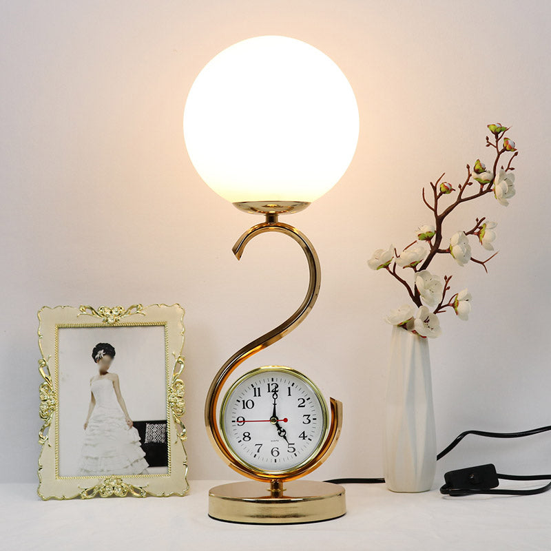 White Glass Ball Nightstand Lamp Modern 1-Light Table Light with S-shaped Base and Clock