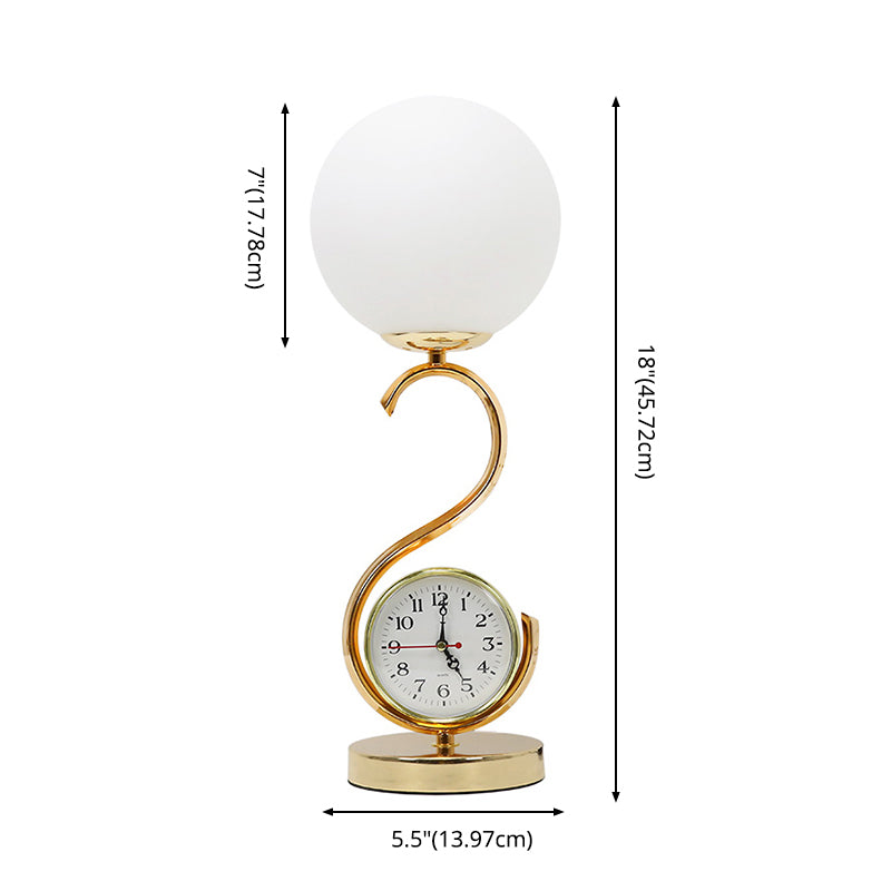 White Glass Ball Nightstand Lamp Modern 1-Light Table Light with S-shaped Base and Clock