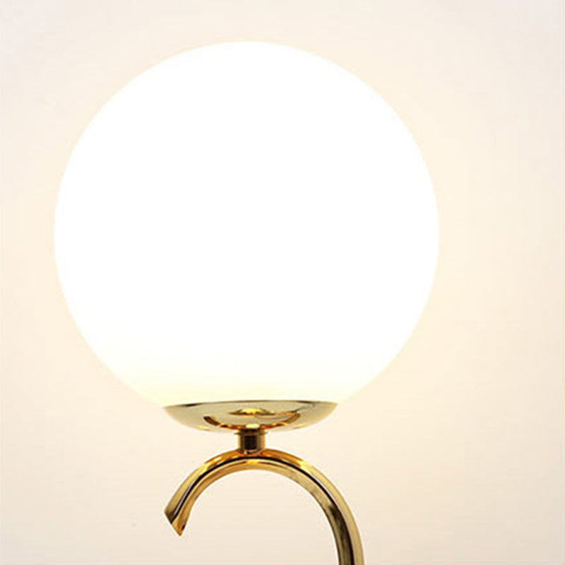 White Glass Ball Nightstand Lamp Modern 1-Light Table Light with S-shaped Base and Clock