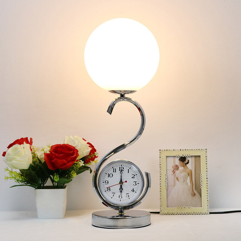 White Glass Ball Nightstand Lamp Modern 1-Light Table Light with S-shaped Base and Clock
