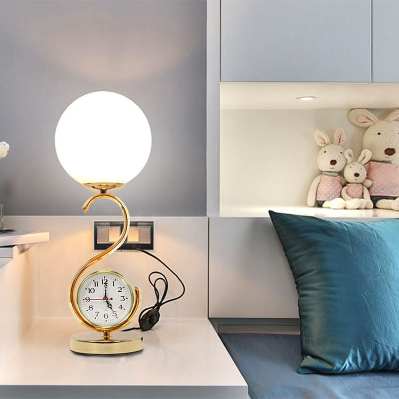 White Glass Ball Nightstand Lamp Modern 1-Light Table Light with S-shaped Base and Clock