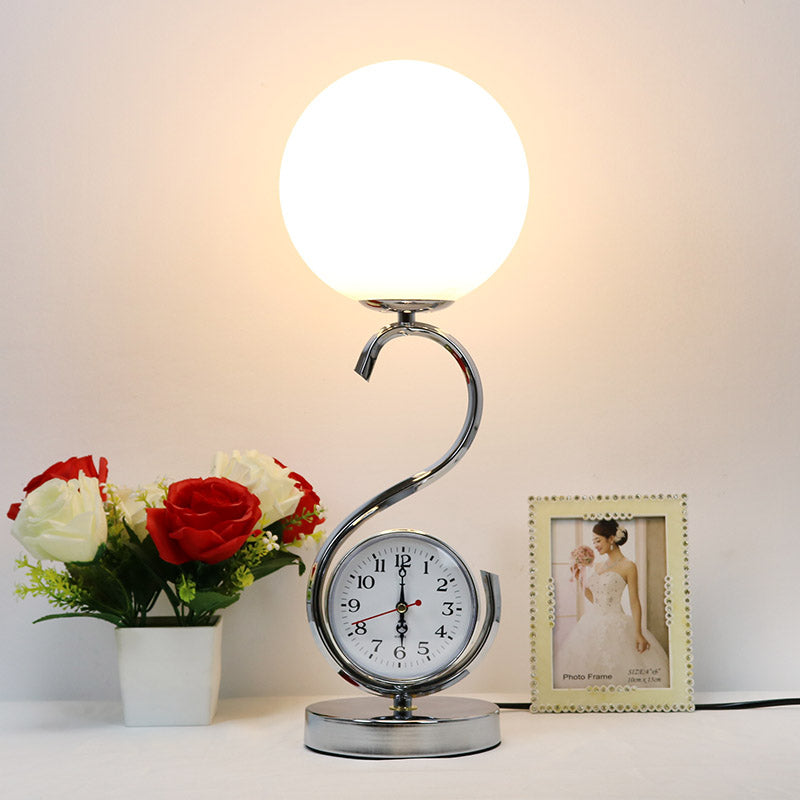 White Glass Ball Nightstand Lamp Modern 1-Light Table Light with S-shaped Base and Clock