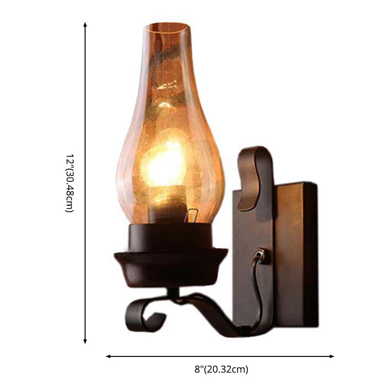 Rusty Wall Sconce in Industrial Vintage Style Wrought Iron Wall Lamp with Amber Glass Shade