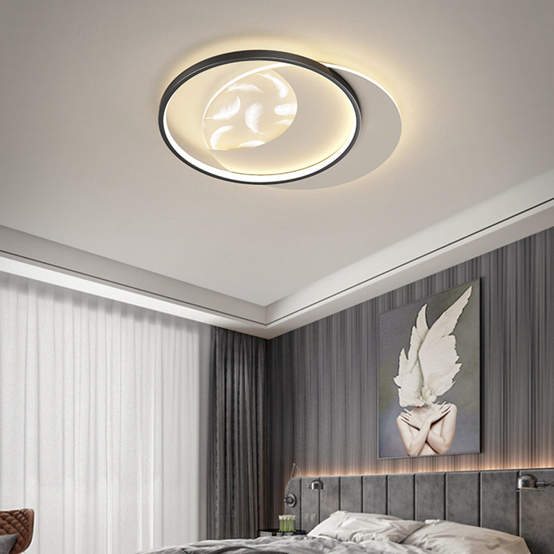 Modern Creative Circular LED Ceiling Light Wrought Iron Feather Flush Mount with Acrylic Shade