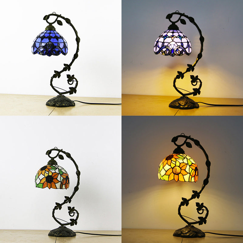 Tiffany Style Gooseneck Table Lamp 1 Bulb Stained Glass Nightstand Light with Dome Shade