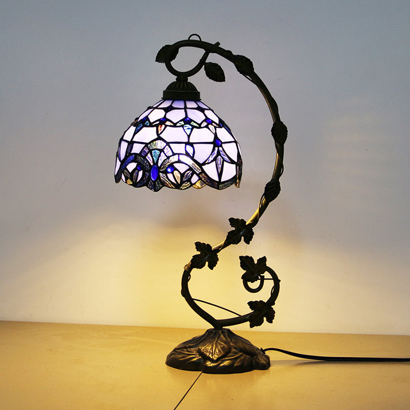Tiffany Style Gooseneck Table Lamp 1 Bulb Stained Glass Nightstand Light with Dome Shade