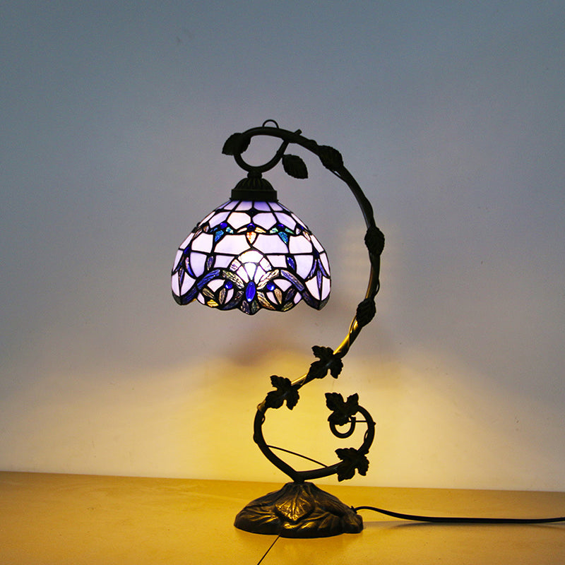 Tiffany Style Gooseneck Table Lamp 1 Bulb Stained Glass Nightstand Light with Dome Shade