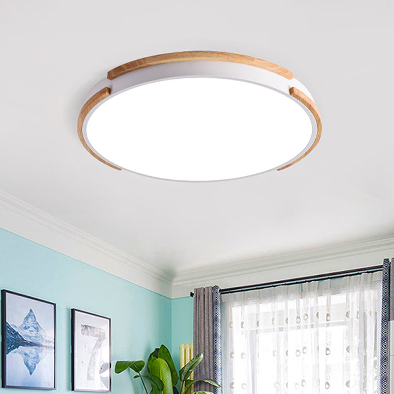 Lámpara de techo LED de madera de estilo moderno con montaje empotrado redondo blanco con difusor acrílico para sala de estar, 12,5"/16,5"/20,5" de ancho