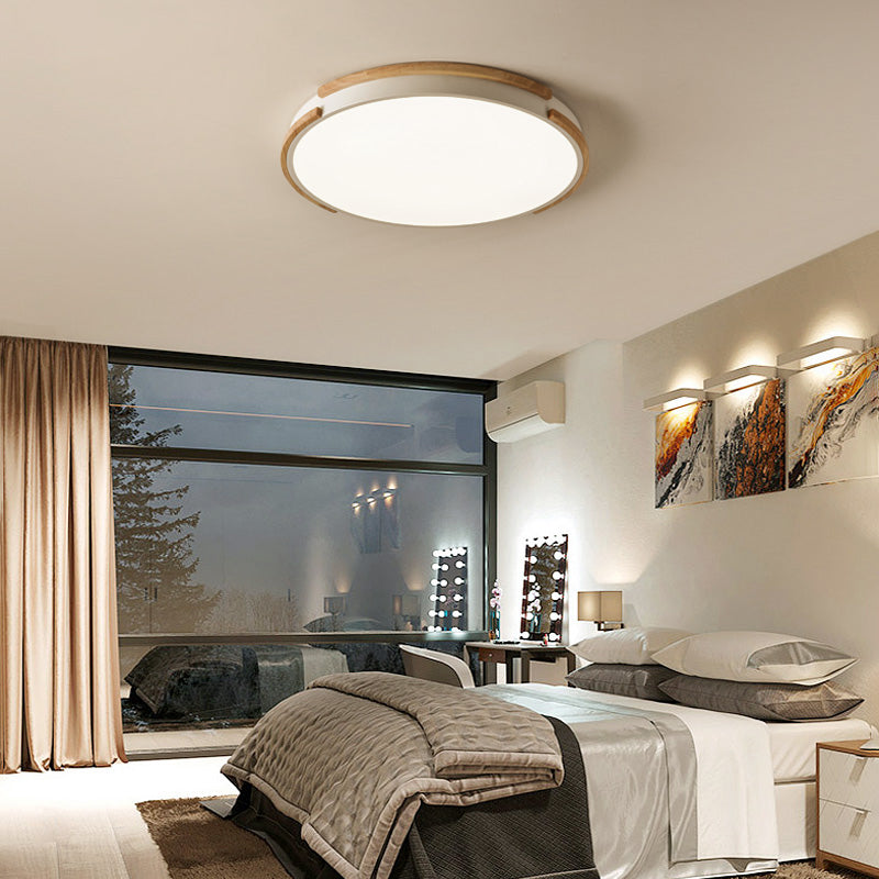 Lámpara de techo LED de madera de estilo moderno con montaje empotrado redondo blanco con difusor acrílico para sala de estar, 12,5"/16,5"/20,5" de ancho