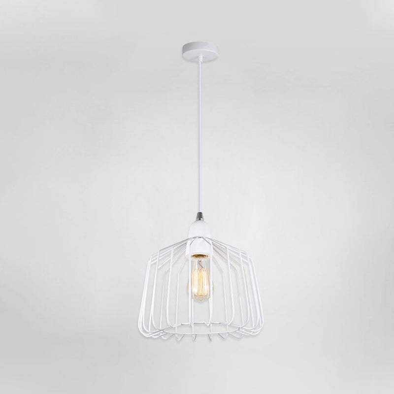 Minimalist Cage Shade Metallic Pendulum Light 1 Light Hanging Lamp Kit in White for Bedroom